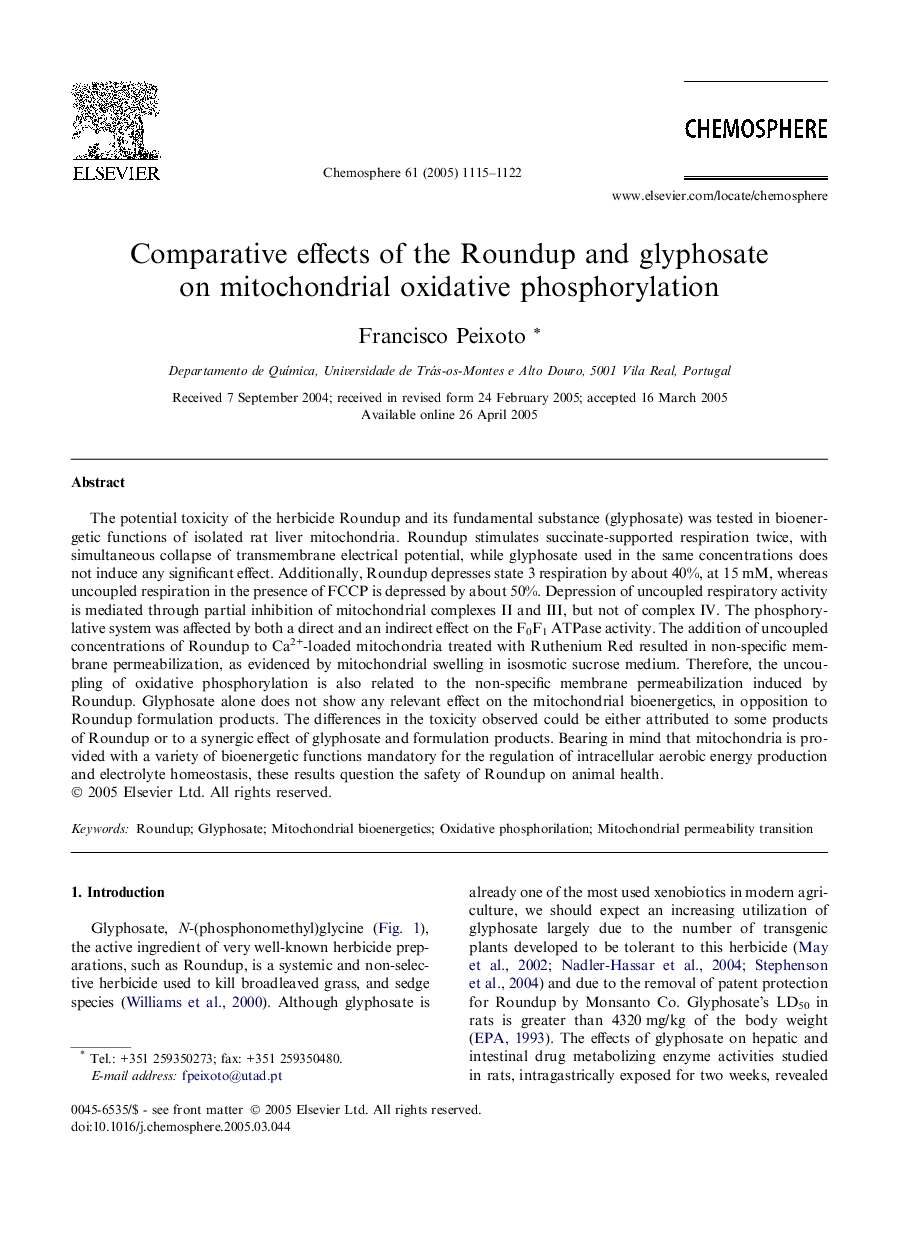 Comparative effects of the Roundup and glyphosate on mitochondrial oxidative phosphorylation