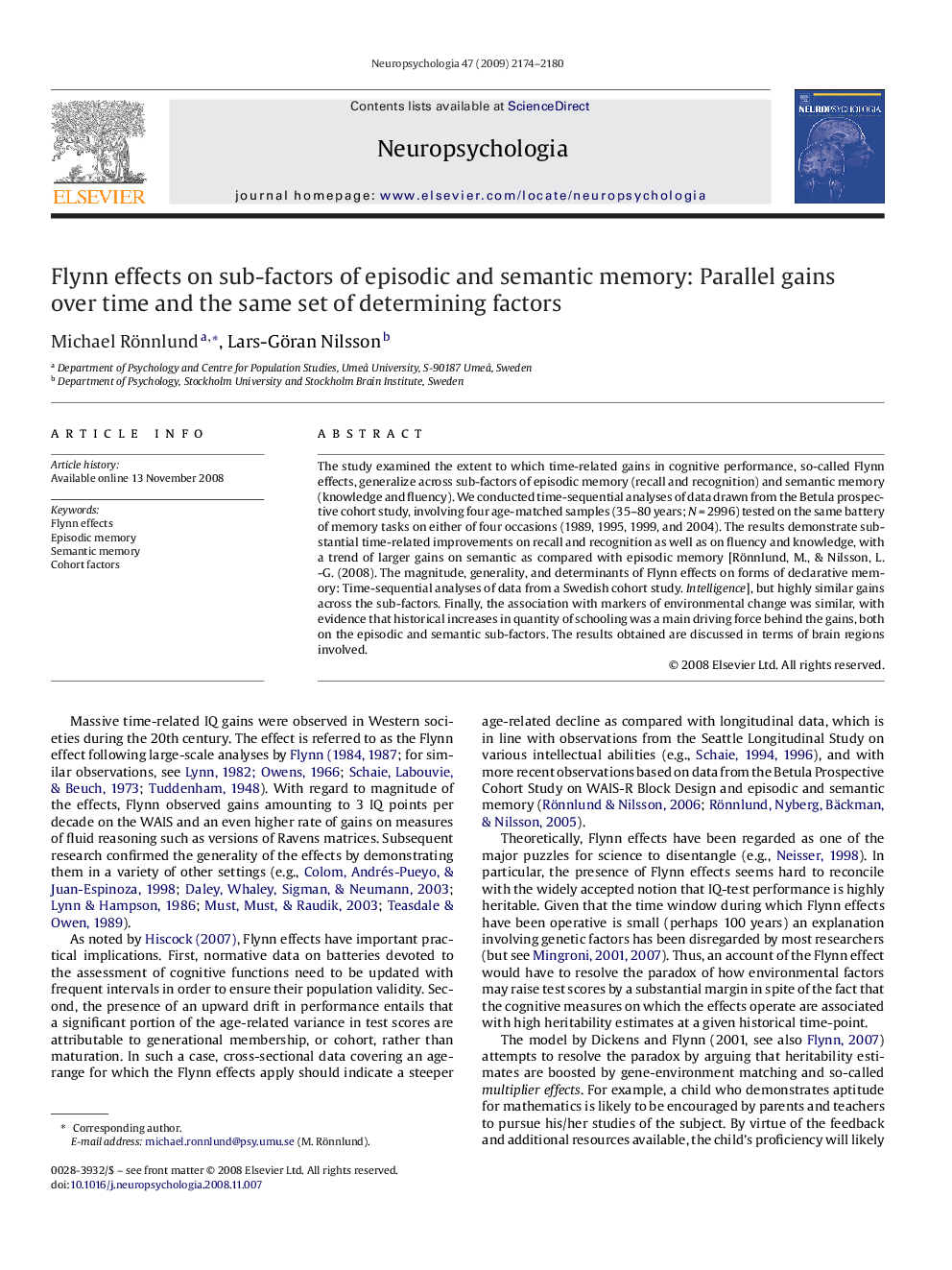 Flynn effects on sub-factors of episodic and semantic memory: Parallel gains over time and the same set of determining factors