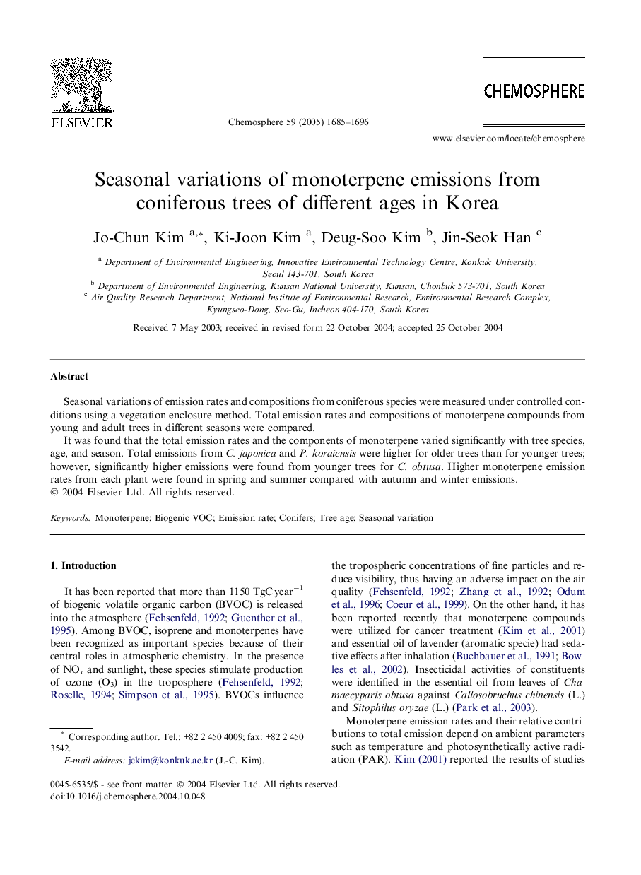 Seasonal variations of monoterpene emissions from coniferous trees of different ages in Korea