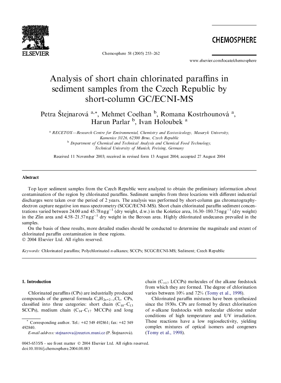 Analysis of short chain chlorinated paraffins in sediment samples from the Czech Republic by short-column GC/ECNI-MS