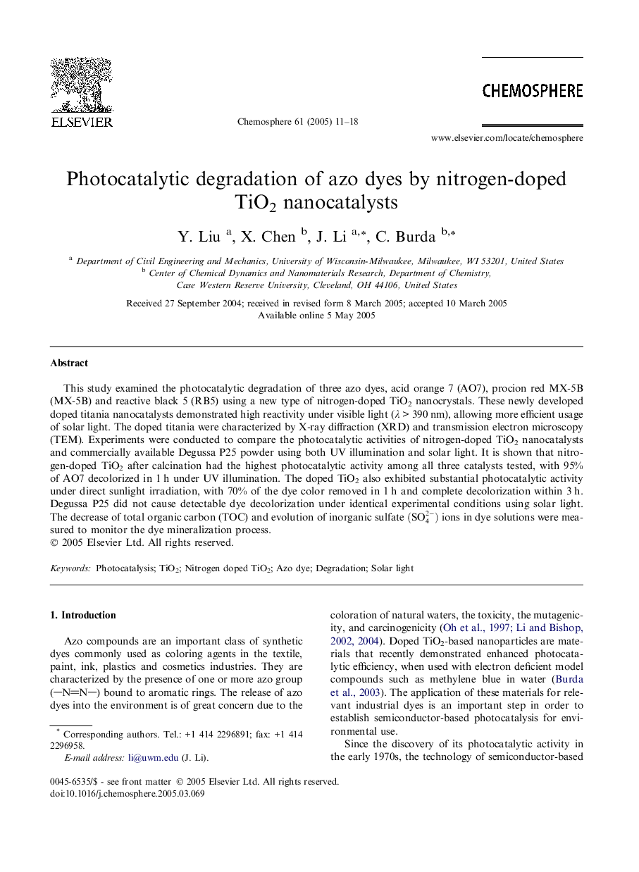 Photocatalytic degradation of azo dyes by nitrogen-doped TiO2 nanocatalysts