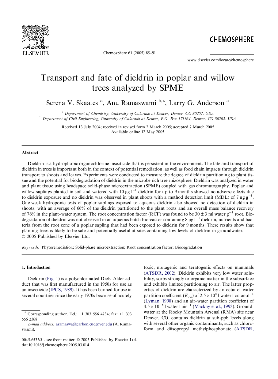 Transport and fate of dieldrin in poplar and willow trees analyzed by SPME