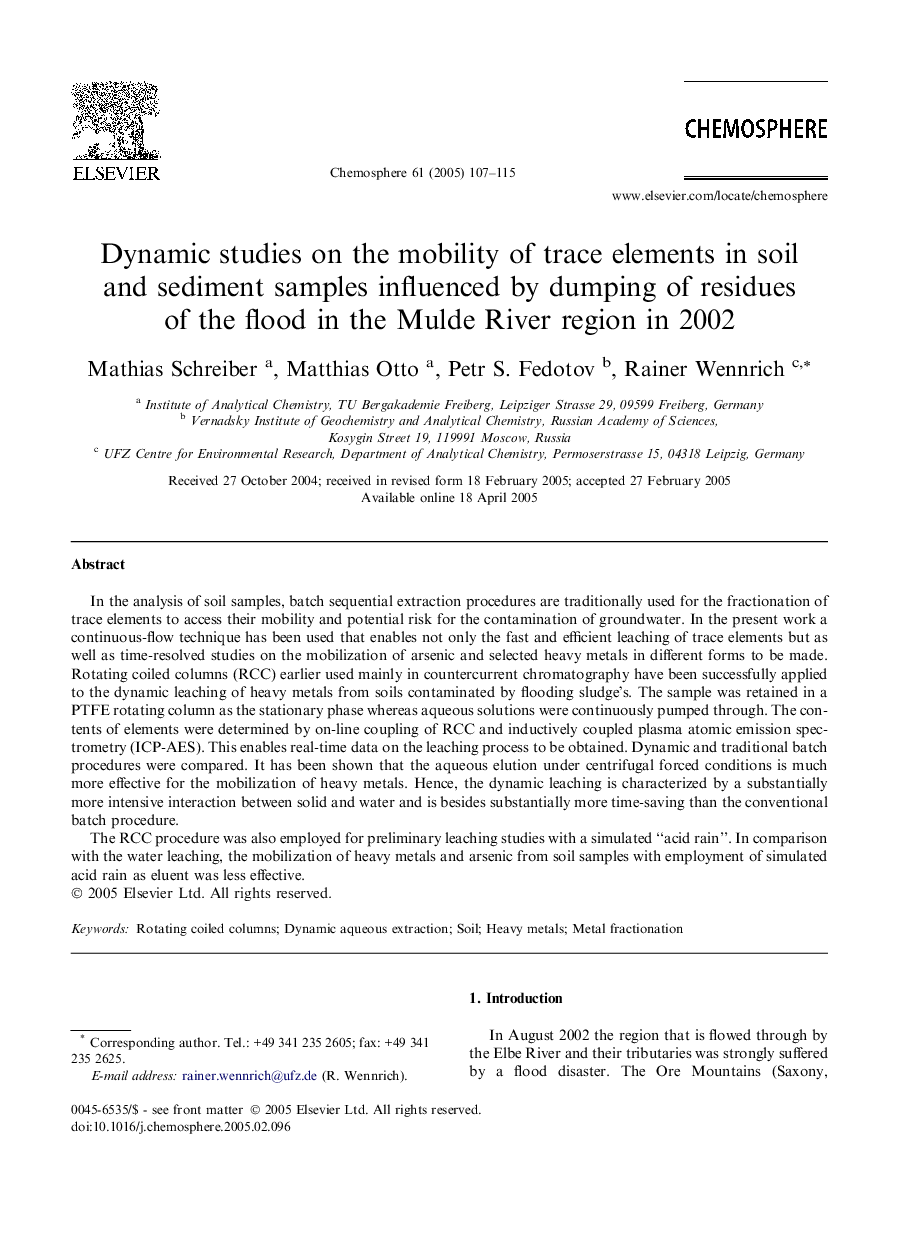 Dynamic studies on the mobility of trace elements in soil and sediment samples influenced by dumping of residues of the flood in the Mulde River region in 2002