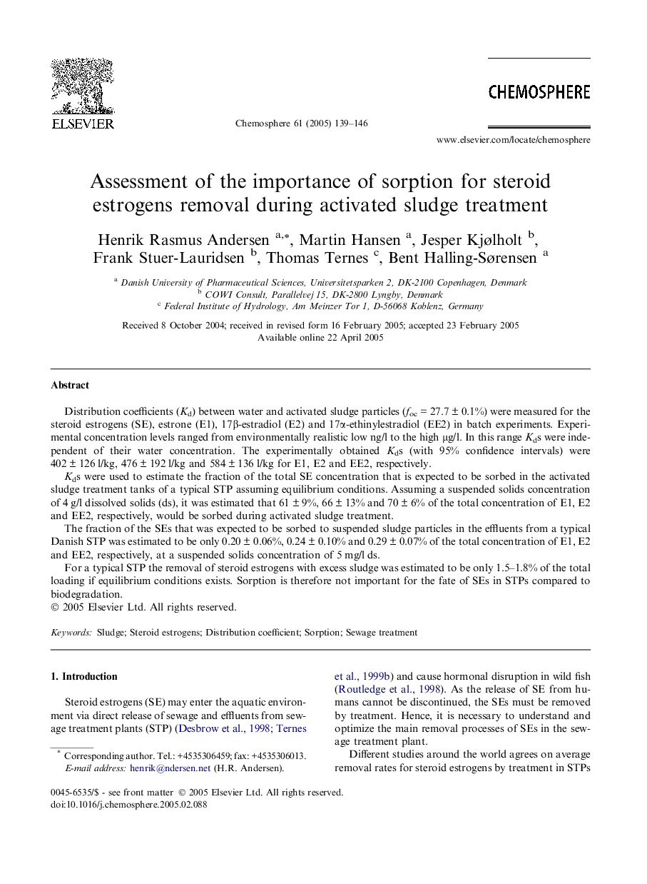 Assessment of the importance of sorption for steroid estrogens removal during activated sludge treatment