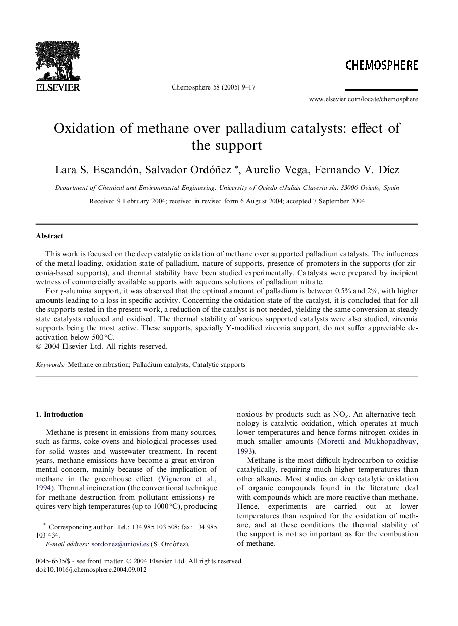 Oxidation of methane over palladium catalysts: effect of the support