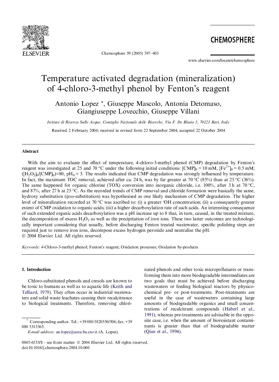 Temperature activated degradation (mineralization) of 4-chloro-3-methyl phenol by Fenton's reagent