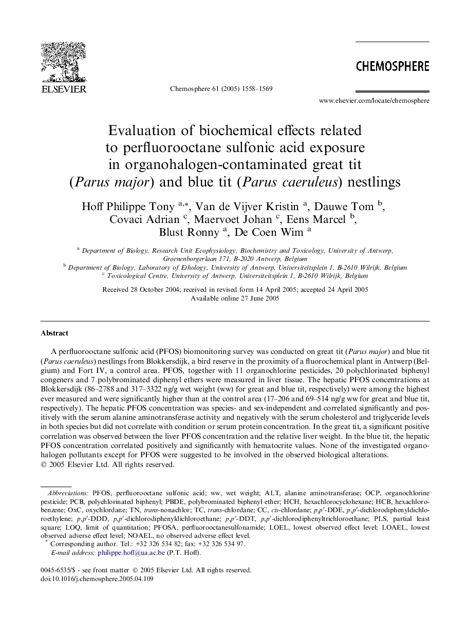 Evaluation of biochemical effects related to perfluorooctane sulfonic acid exposure in organohalogen-contaminated great tit (Parus major) and blue tit (Parus caeruleus) nestlings