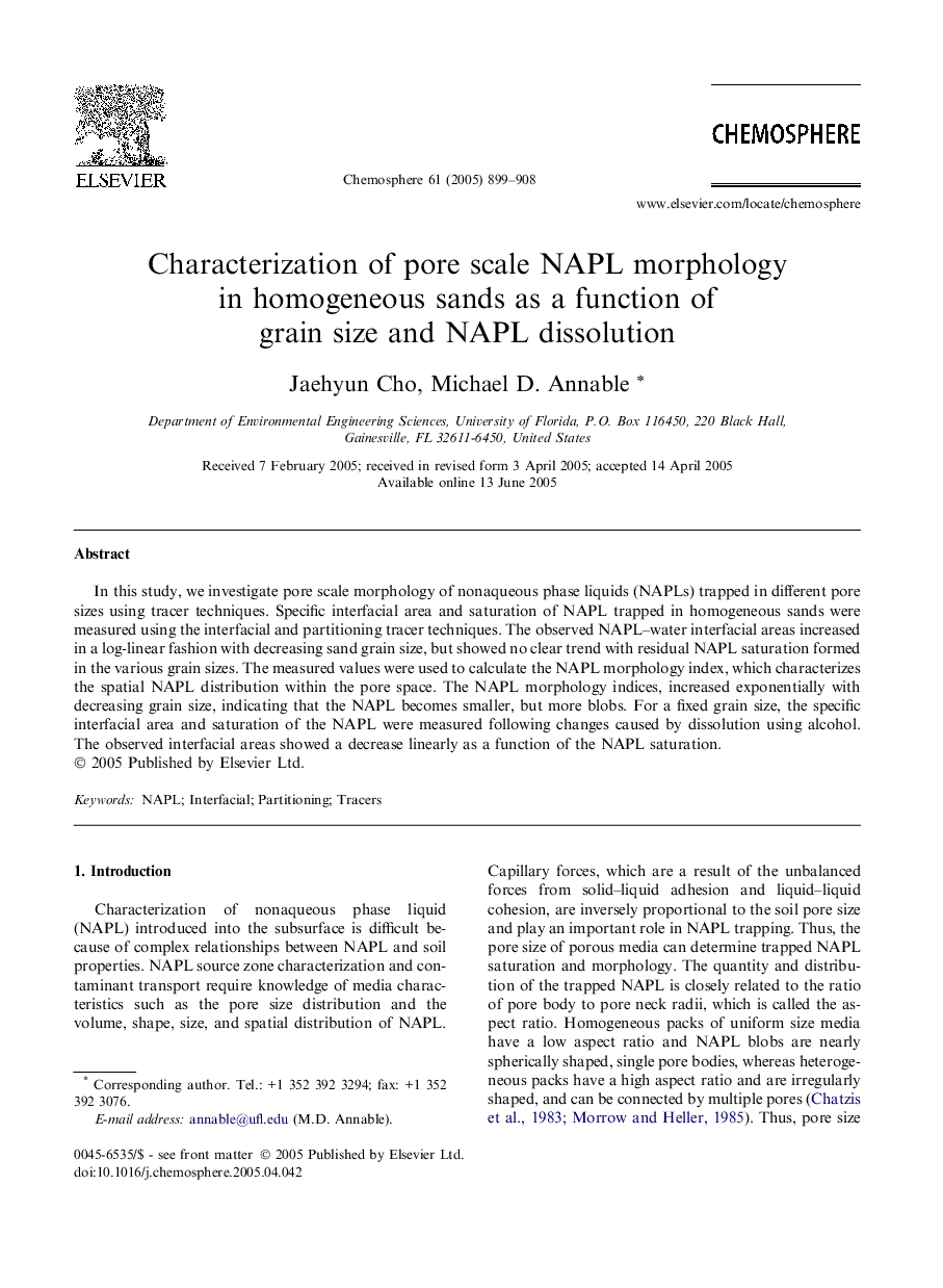 Characterization of pore scale NAPL morphology in homogeneous sands as a function of grain size and NAPL dissolution