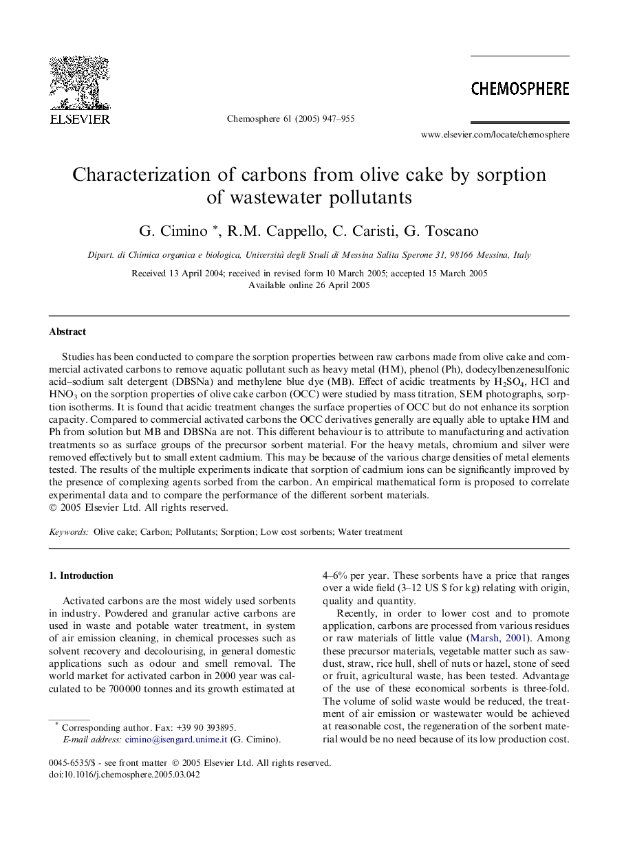 Characterization of carbons from olive cake by sorption of wastewater pollutants