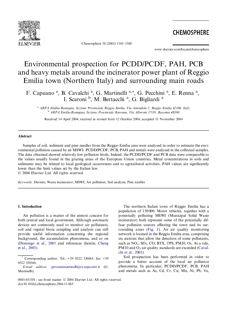 Environmental prospection for PCDD/PCDF, PAH, PCB and heavy metals around the incinerator power plant of Reggio Emilia town (Northern Italy) and surrounding main roads