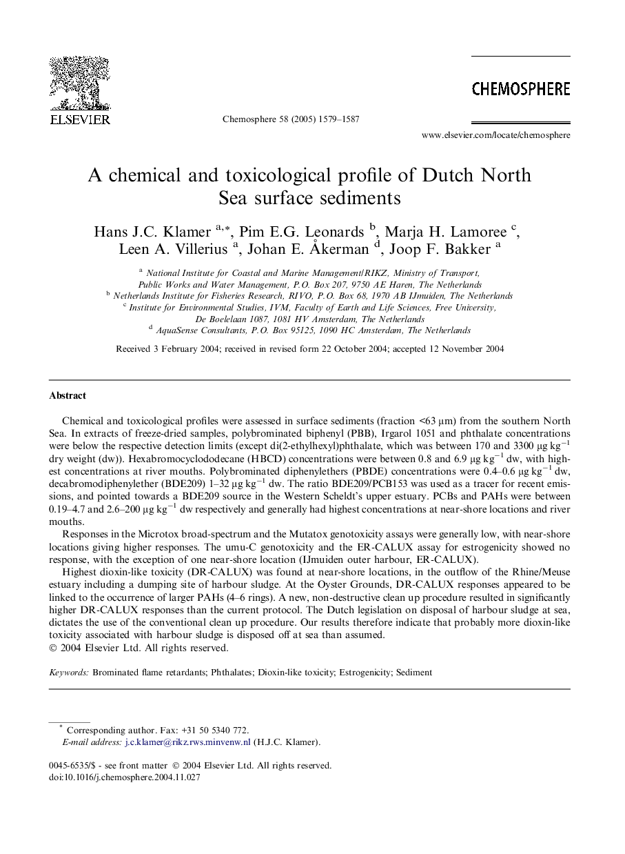عکس صفحه اول مقاله: A chemical and toxicological profile of Dutch North Sea surface sediments A chemical and toxicological profile of Dutch North Sea surface sediments
