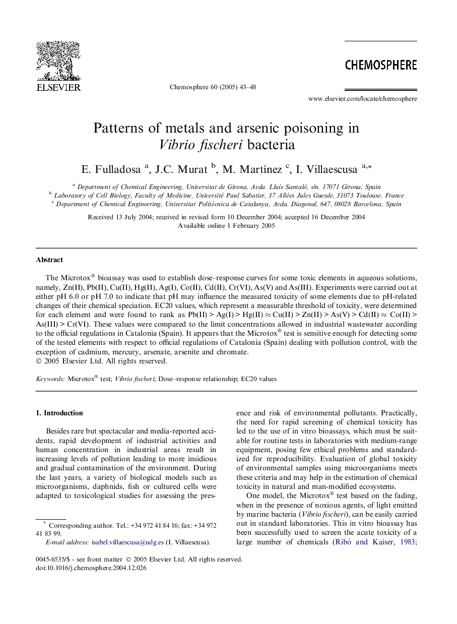 Patterns of metals and arsenic poisoning in Vibrio fischeri bacteria