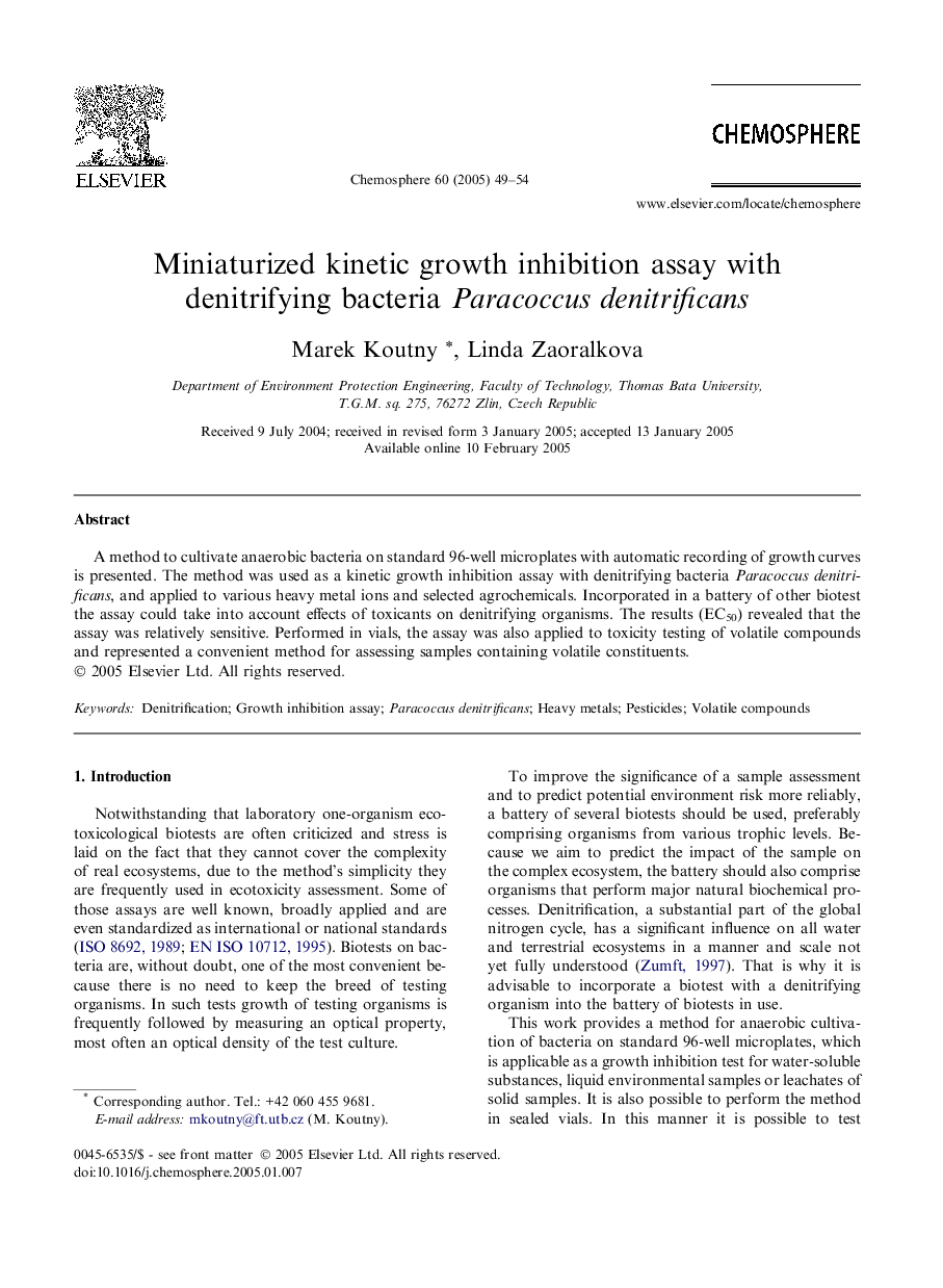 Miniaturized kinetic growth inhibition assay with denitrifying bacteria Paracoccus denitrificans