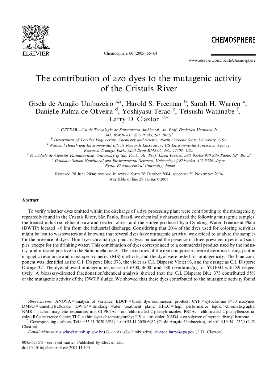 The contribution of azo dyes to the mutagenic activity of the Cristais River