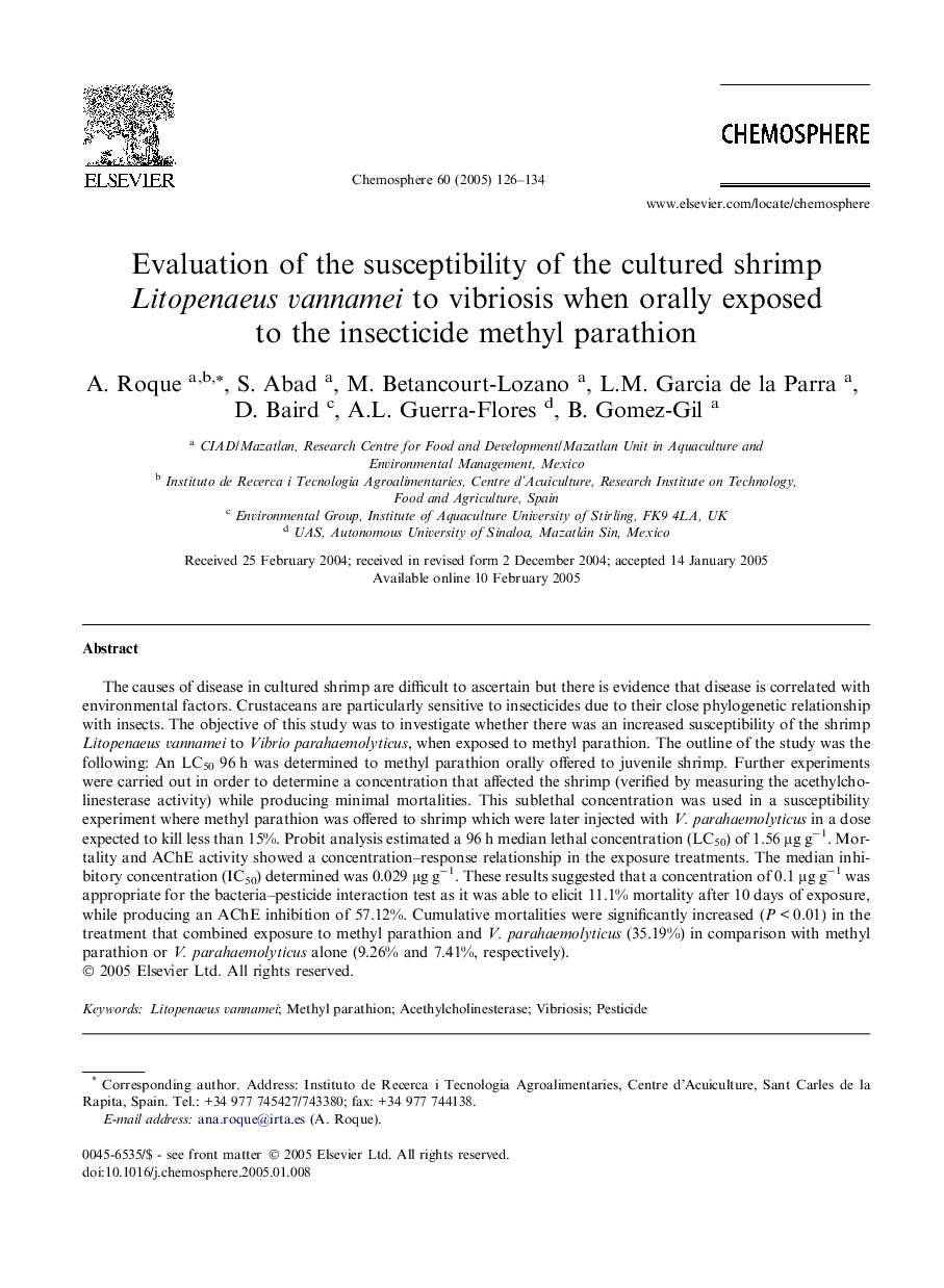 Evaluation of the susceptibility of the cultured shrimp Litopenaeus vannamei to vibriosis when orally exposed to the insecticide methyl parathion