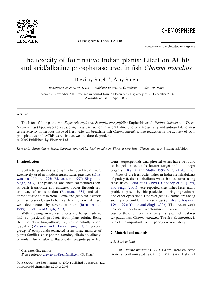 The toxicity of four native Indian plants: Effect on AChE and acid/alkaline phosphatase level in fish Channa marulius