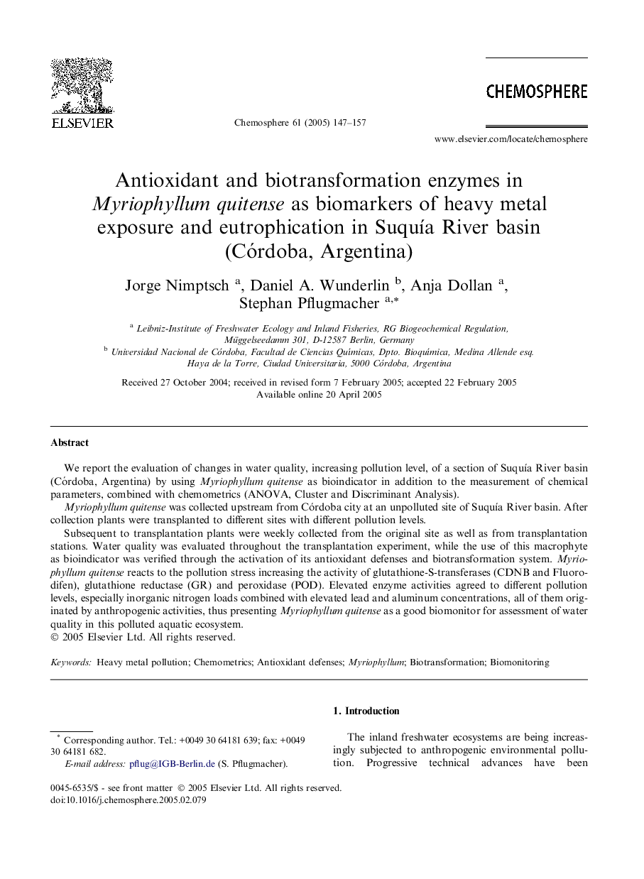 Antioxidant and biotransformation enzymes in Myriophyllum quitense as biomarkers of heavy metal exposure and eutrophication in SuquÃ­a River basin (Córdoba, Argentina)