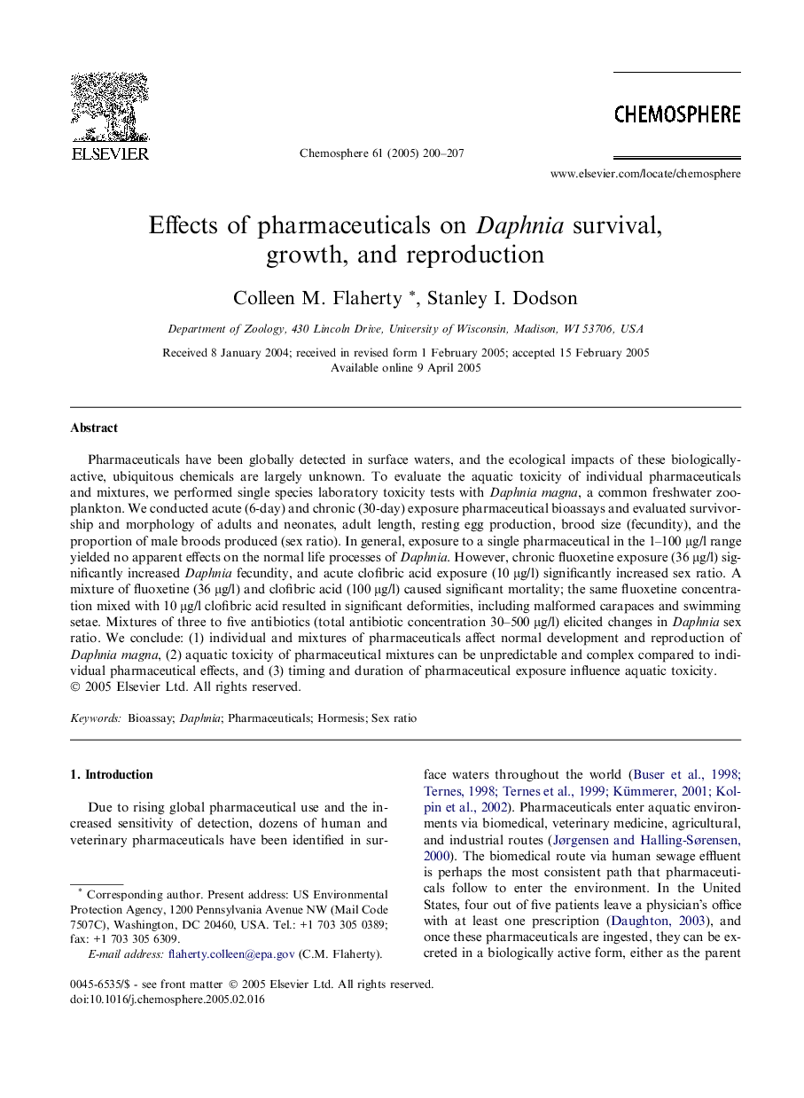 Effects of pharmaceuticals on Daphnia survival, growth, and reproduction