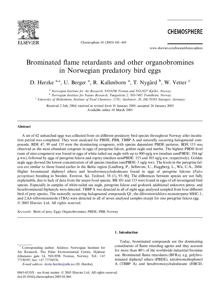 Brominated flame retardants and other organobromines in Norwegian predatory bird eggs