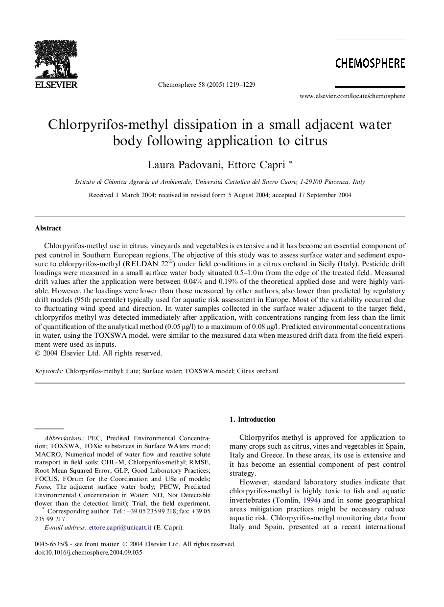 Chlorpyrifos-methyl dissipation in a small adjacent water body following application to citrus