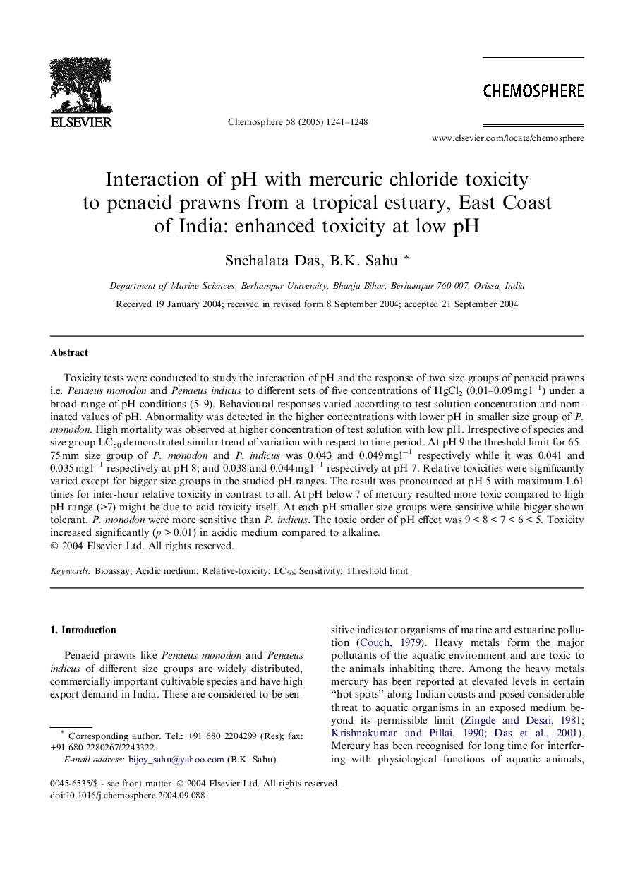 Interaction of pH with mercuric chloride toxicity to penaeid prawns from a tropical estuary, East Coast of India: enhanced toxicity at low pH