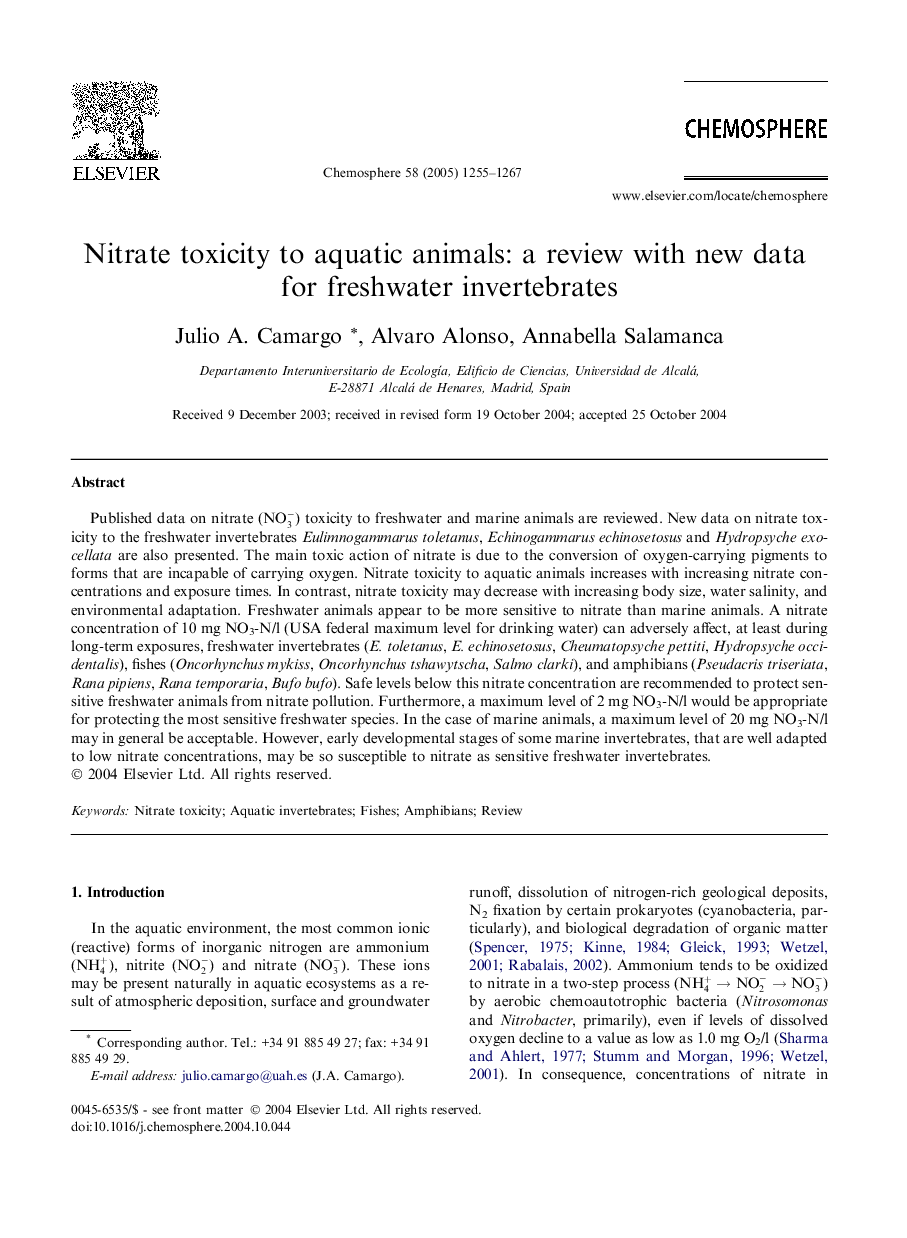 Nitrate toxicity to aquatic animals: a review with new data for freshwater invertebrates