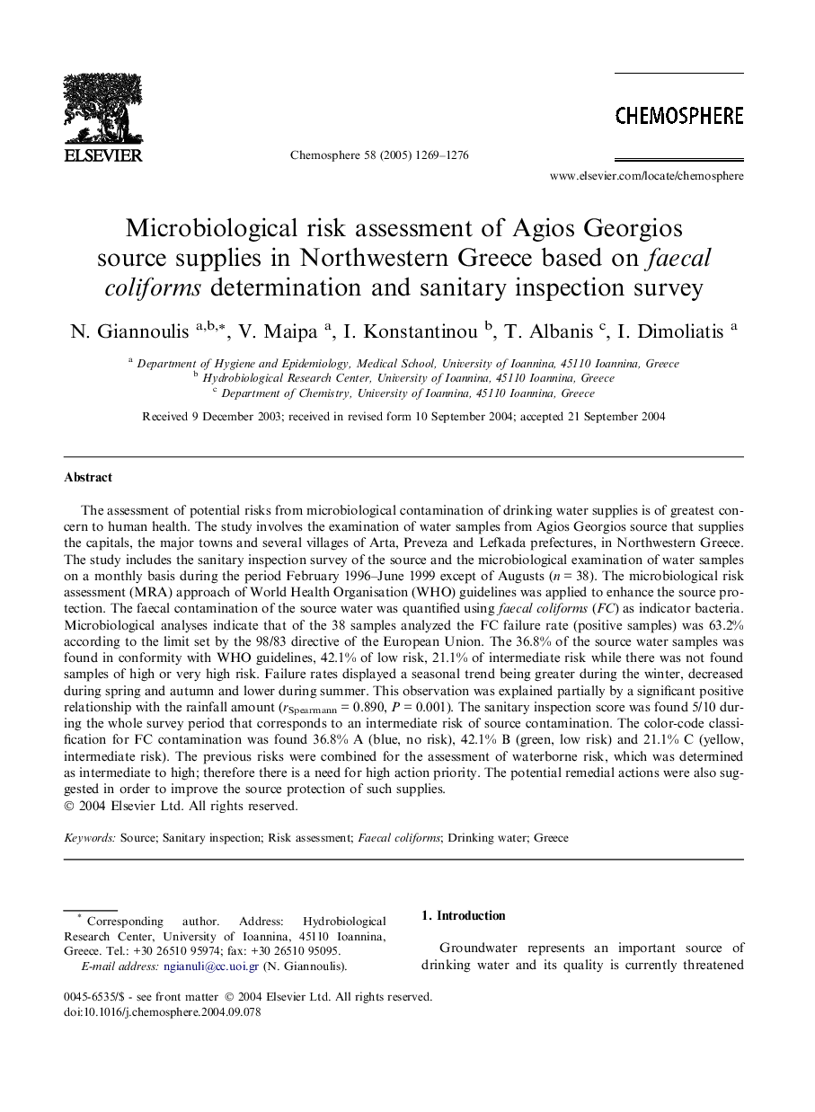 Microbiological risk assessment of Agios Georgios source supplies in Northwestern Greece based on faecal coliforms determination and sanitary inspection survey