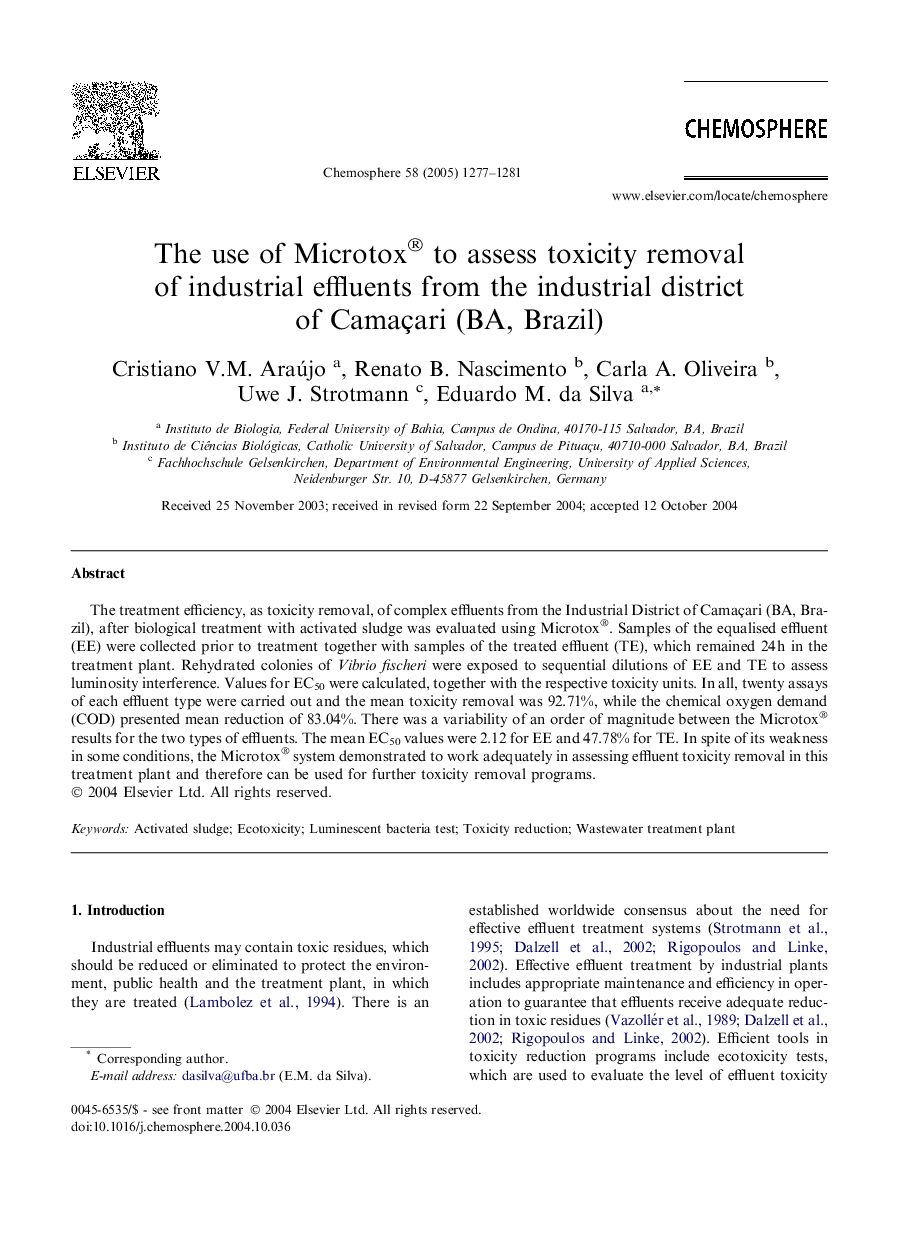 The use of Microtox® to assess toxicity removal of industrial effluents from the industrial district of Camaçari (BA, Brazil)