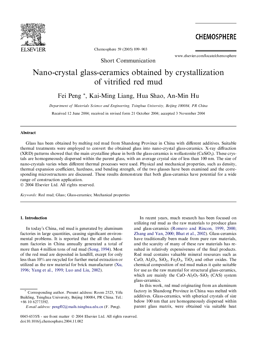 Nano-crystal glass-ceramics obtained by crystallization of vitrified red mud