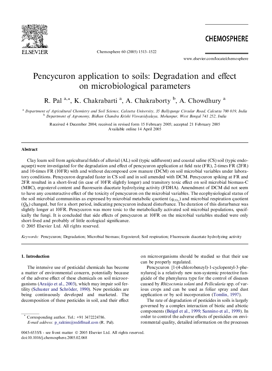 Pencycuron application to soils: Degradation and effect on microbiological parameters