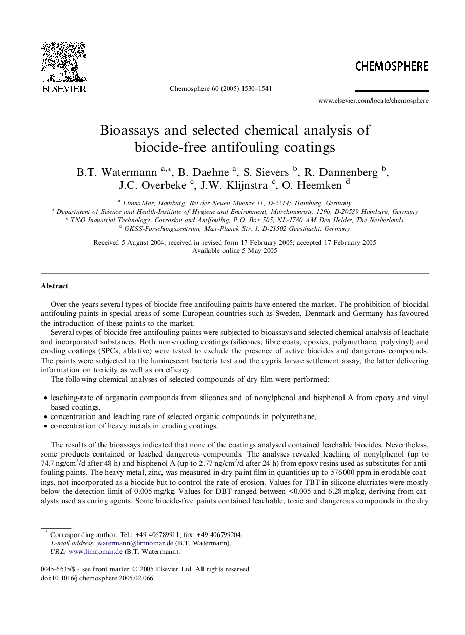 Bioassays and selected chemical analysis of biocide-free antifouling coatings