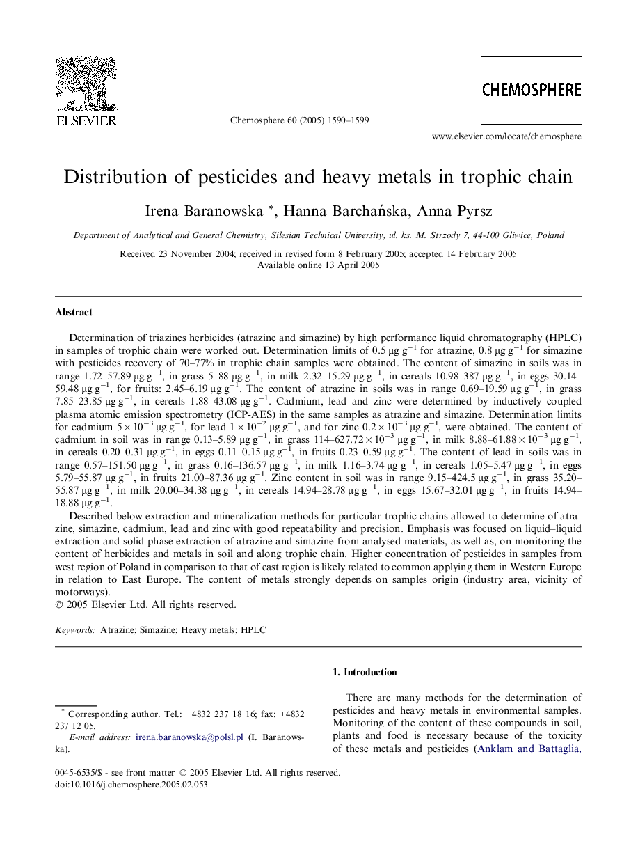 Distribution of pesticides and heavy metals in trophic chain