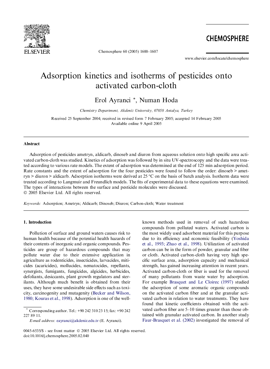 Adsorption kinetics and isotherms of pesticides onto activated carbon-cloth