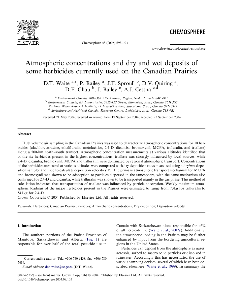 Atmospheric concentrations and dry and wet deposits of some herbicides currently used on the Canadian Prairies