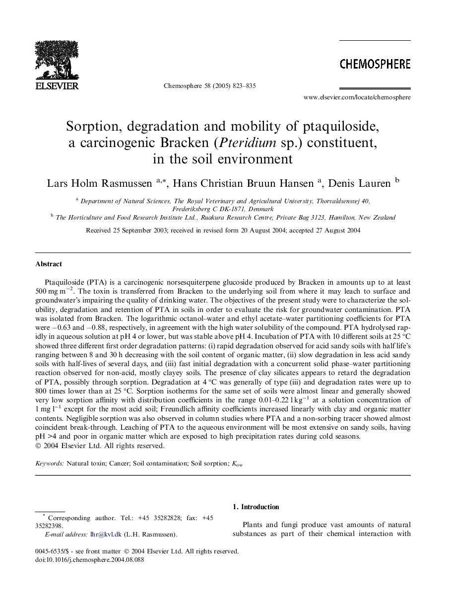 Sorption, degradation and mobility of ptaquiloside, a carcinogenic Bracken (Pteridium sp.) constituent, in the soil environment