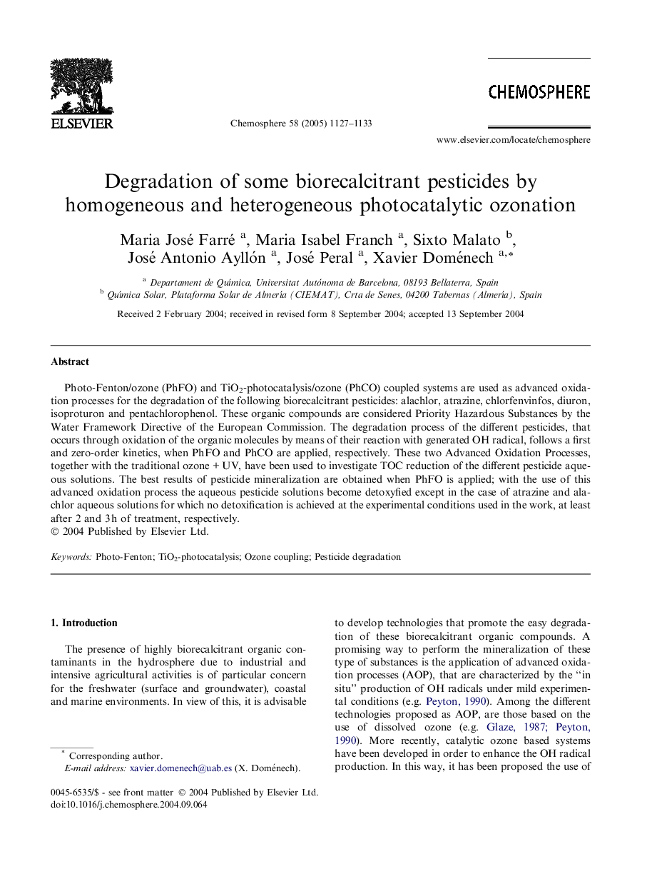 Degradation of some biorecalcitrant pesticides by homogeneous and heterogeneous photocatalytic ozonation
