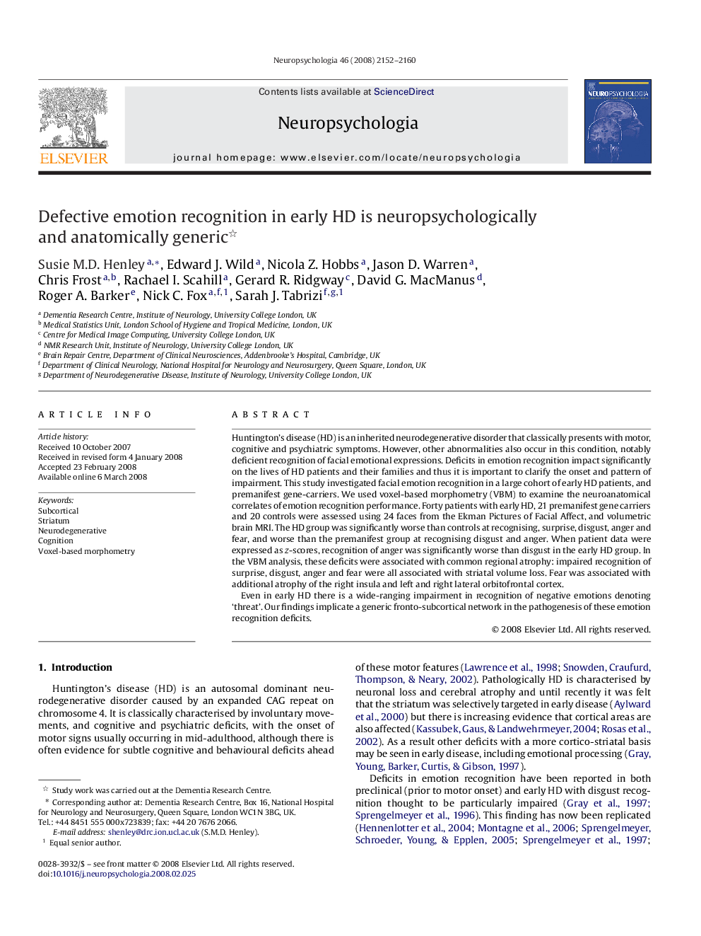 Defective emotion recognition in early HD is neuropsychologically and anatomically generic 