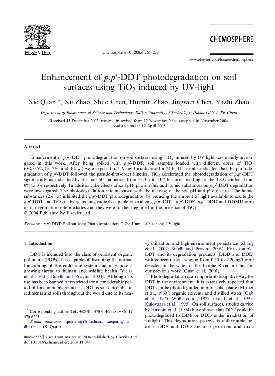 Enhancement of p,pâ²-DDT photodegradation on soil surfaces using TiO2 induced by UV-light