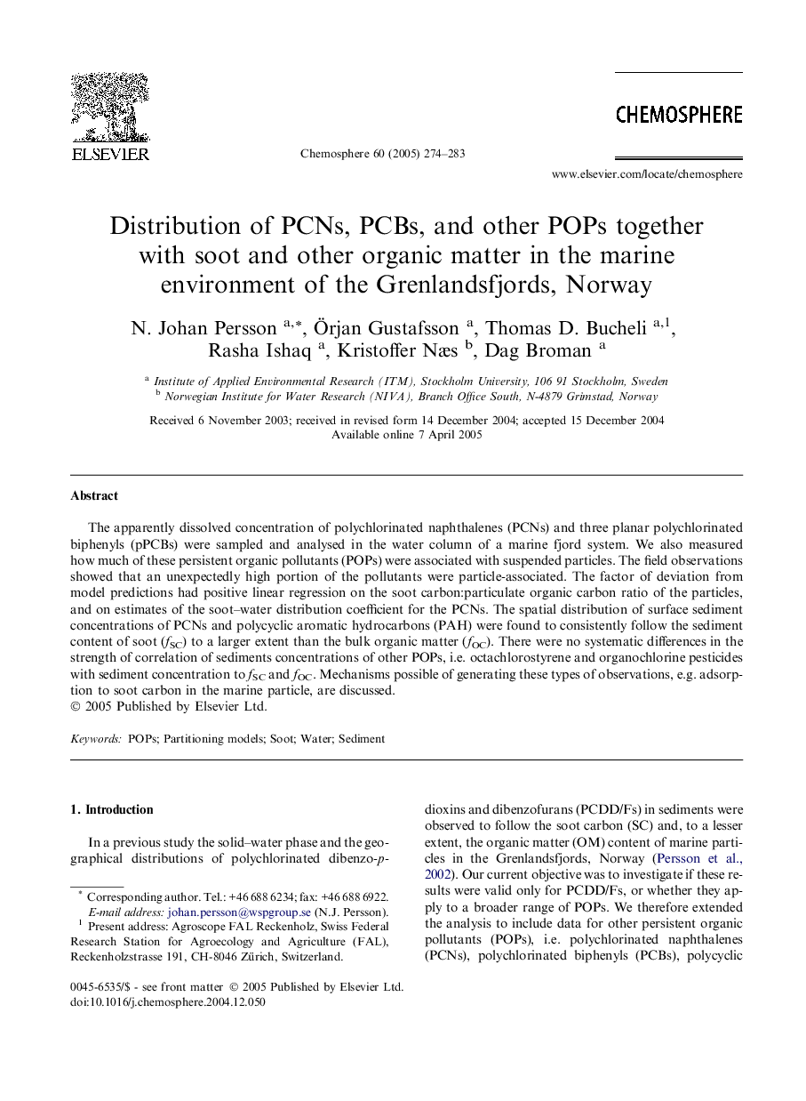 Distribution of PCNs, PCBs, and other POPs together with soot and other organic matter in the marine environment of the Grenlandsfjords, Norway