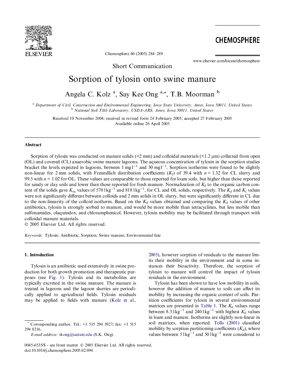 Sorption of tylosin onto swine manure