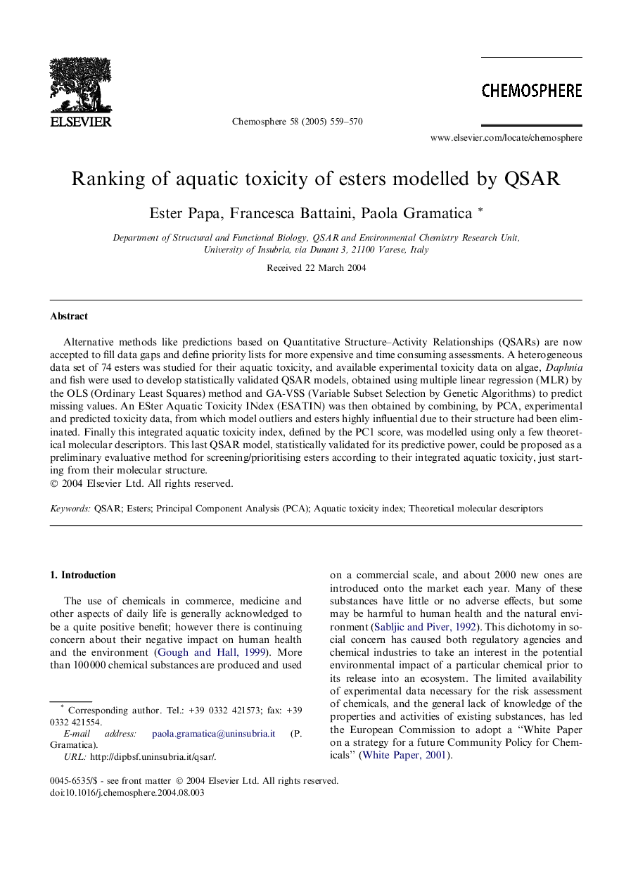 Ranking of aquatic toxicity of esters modelled by QSAR