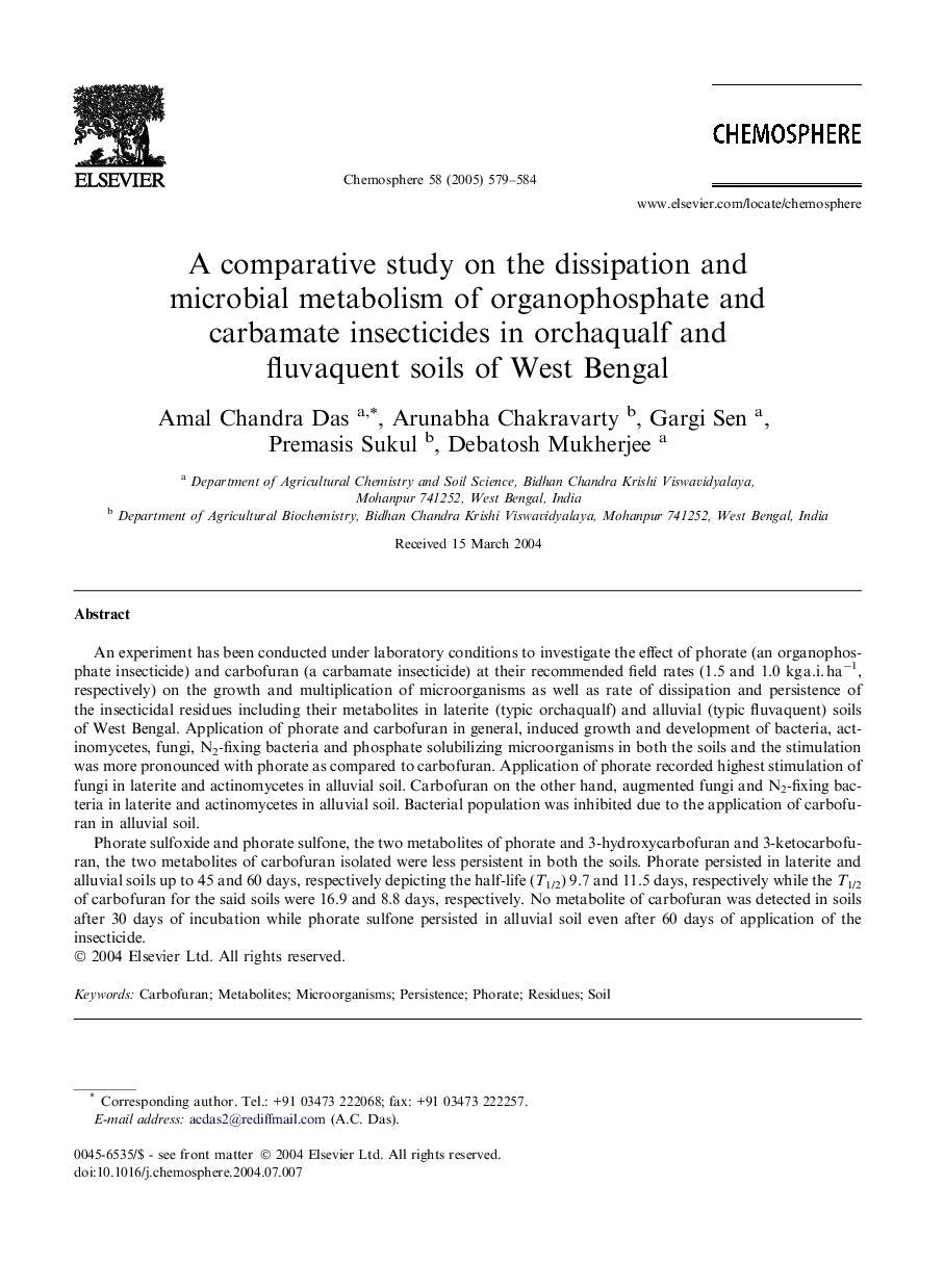 A comparative study on the dissipation and microbial metabolism of organophosphate and carbamate insecticides in orchaqualf and fluvaquent soils of West Bengal