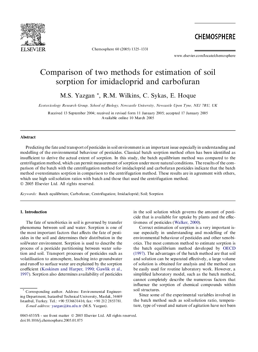 Comparison of two methods for estimation of soil sorption for imidacloprid and carbofuran