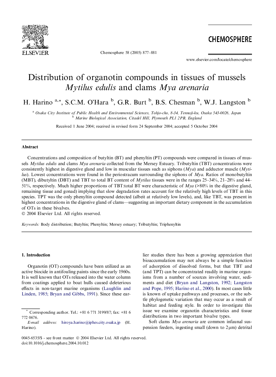 Distribution of organotin compounds in tissues of mussels Mytilus edulis and clams Mya arenaria