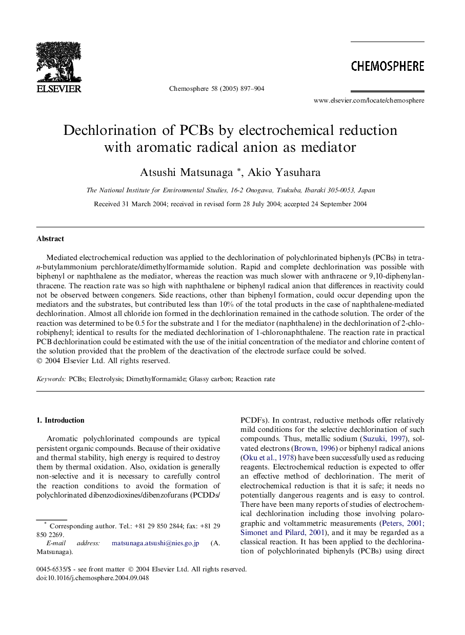 Dechlorination of PCBs by electrochemical reduction with aromatic radical anion as mediator