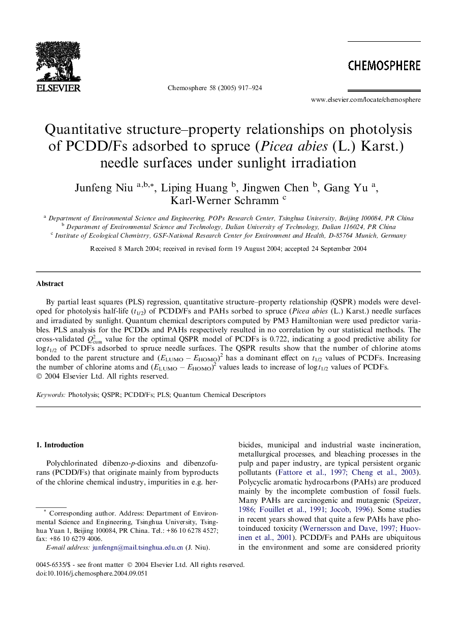 Quantitative structure-property relationships on photolysis of PCDD/Fs adsorbed to spruce (Picea abies (L.) Karst.) needle surfaces under sunlight irradiation