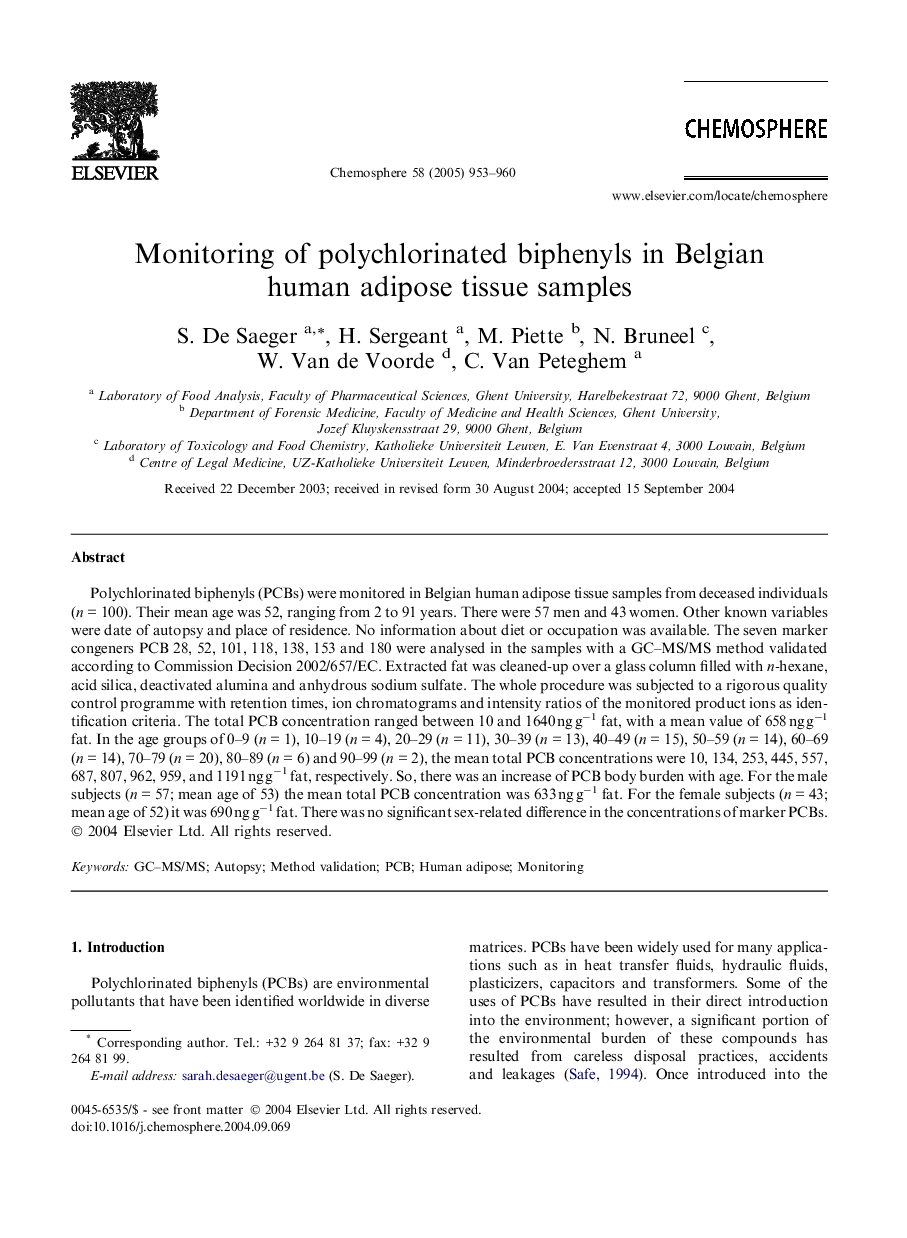 عکس صفحه اول مقاله: Monitoring of polychlorinated biphenyls in Belgian human adipose tissue samples Monitoring of polychlorinated biphenyls in Belgian human adipose tissue samples
