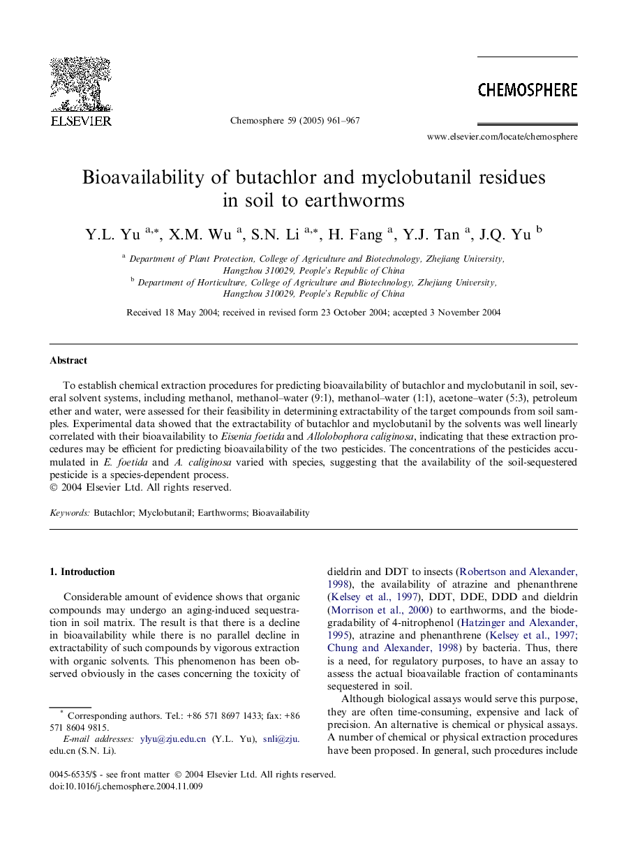 Bioavailability of butachlor and myclobutanil residues in soil to earthworms