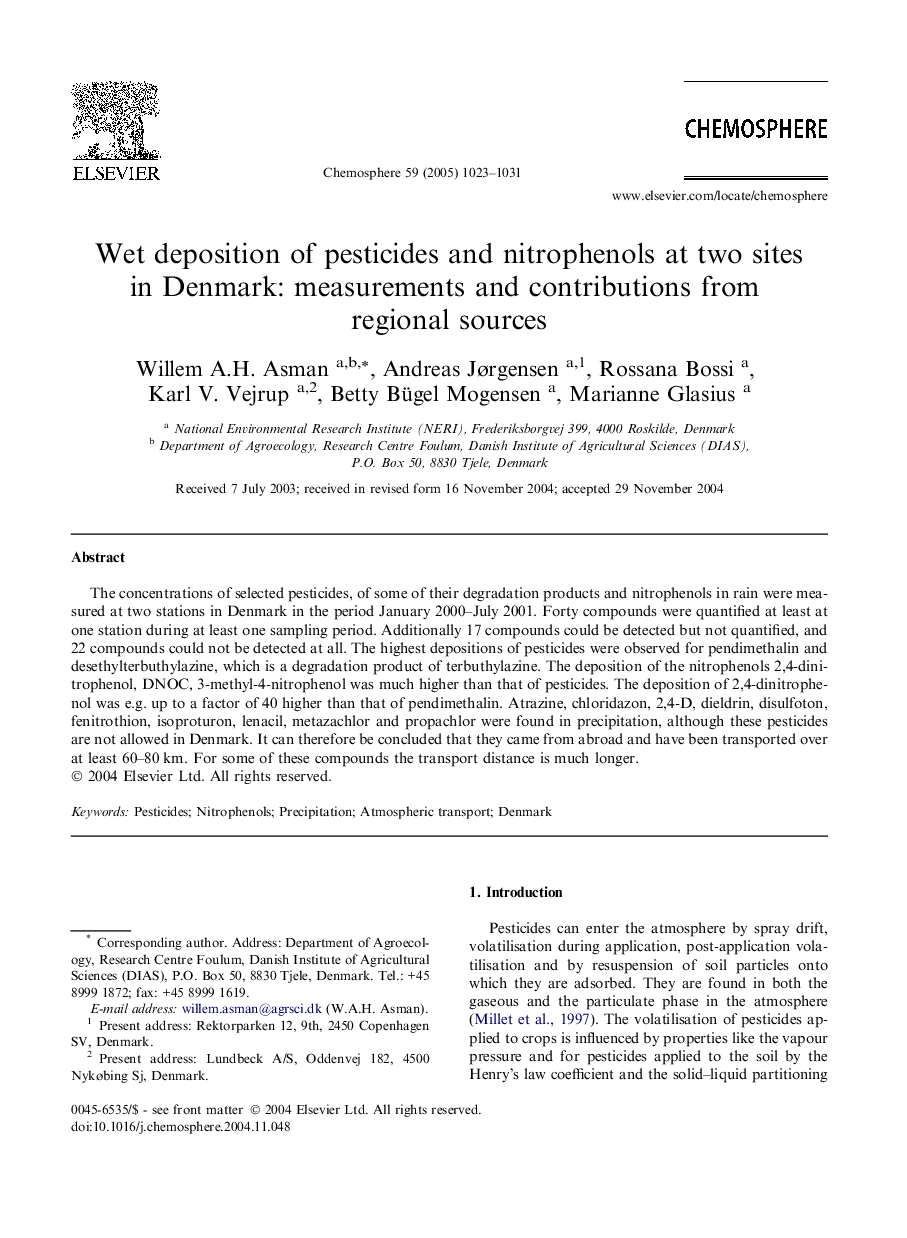 Wet deposition of pesticides and nitrophenols at two sites in Denmark: measurements and contributions from regional sources