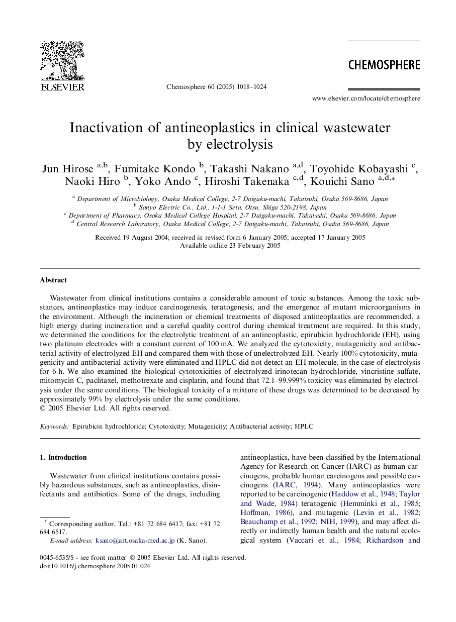 Inactivation of antineoplastics in clinical wastewater by electrolysis